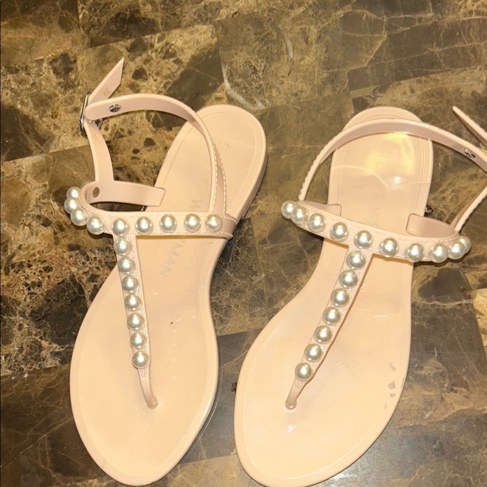 Stuart Weitzman Cream Sandals with Rhinestone T-Strap